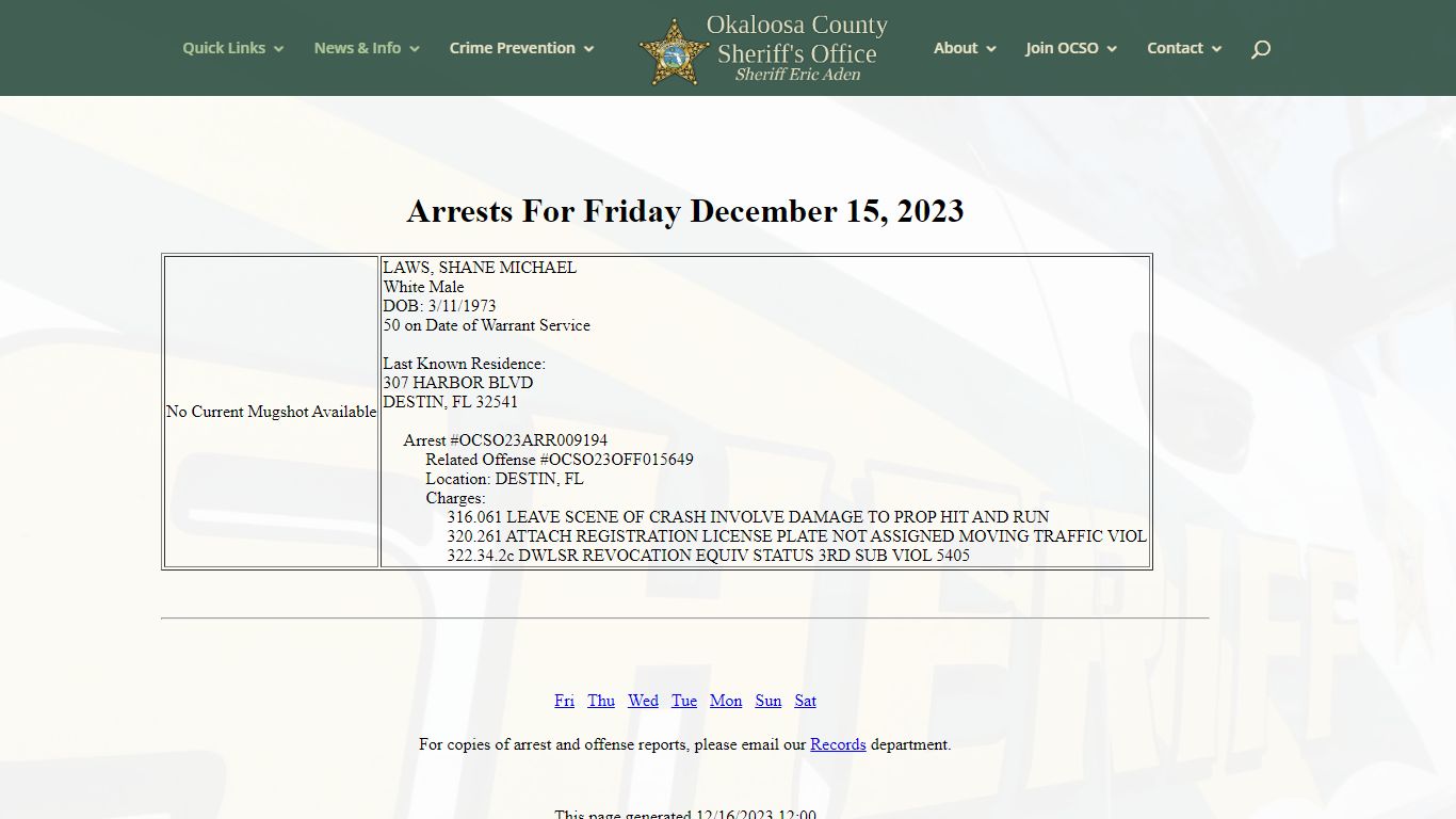 Arrest Information | Okaloosa County Sheriff's Office